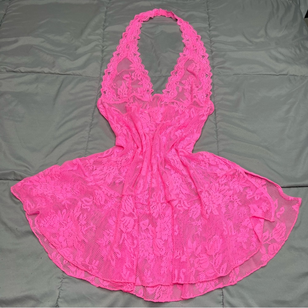 XL Victoria’s Secret Hot Pink Sheer Floral Lace Halter Lingerie Slip Dress